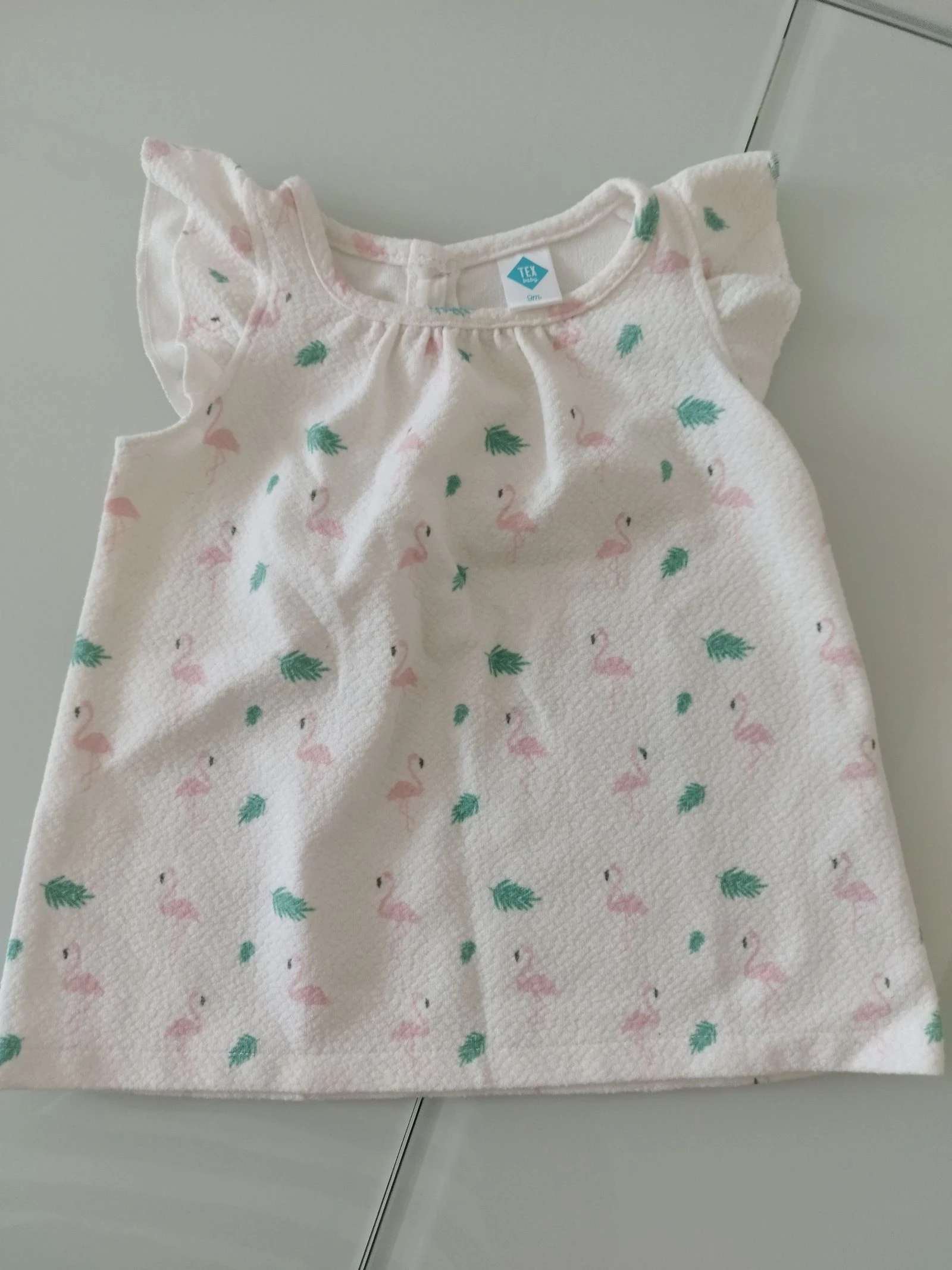 Vestido blanco verano con dibujos de flamencos y hojas 9 meses